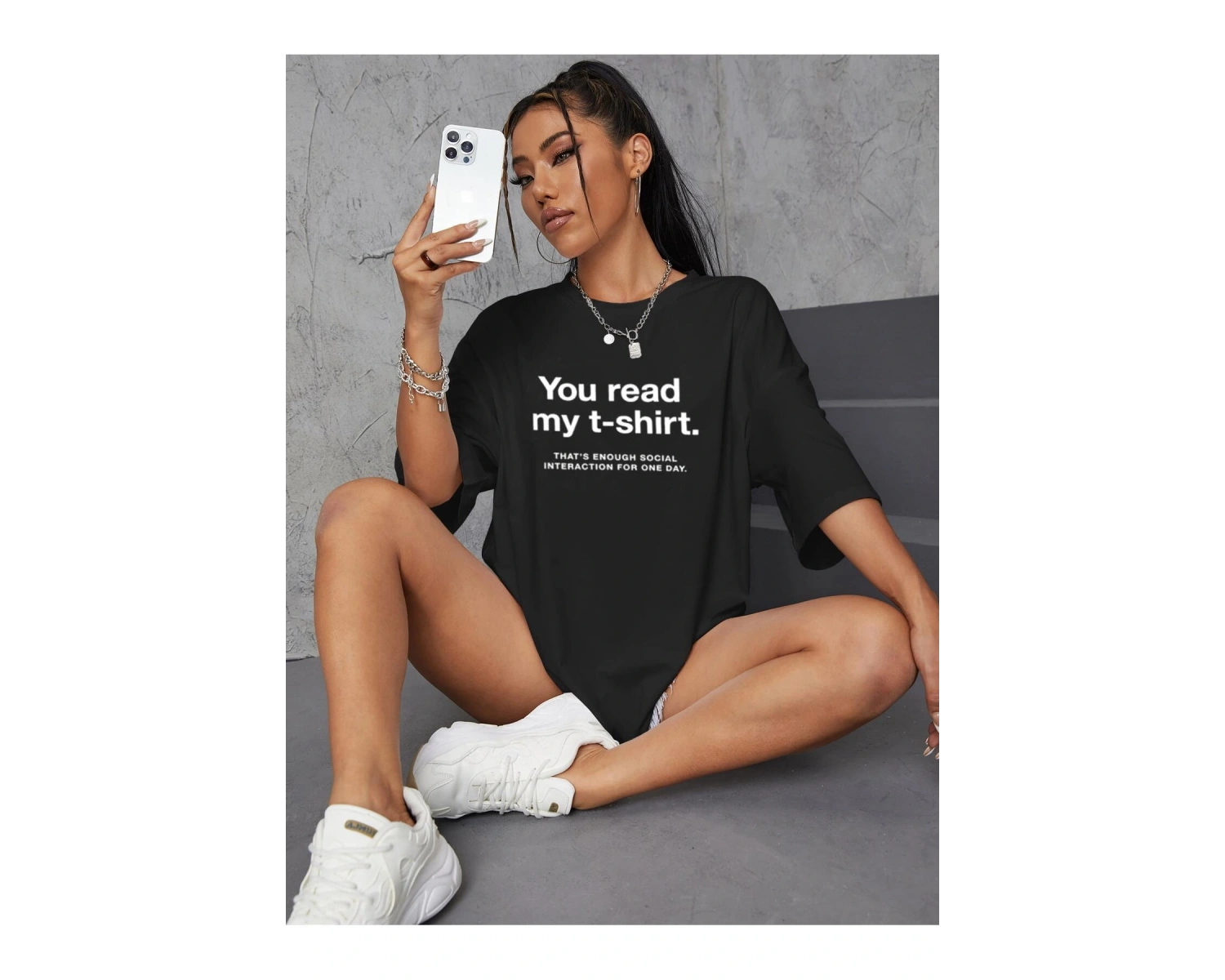 Sloganlı Grafik Düşük Omuz Oversize Tişört