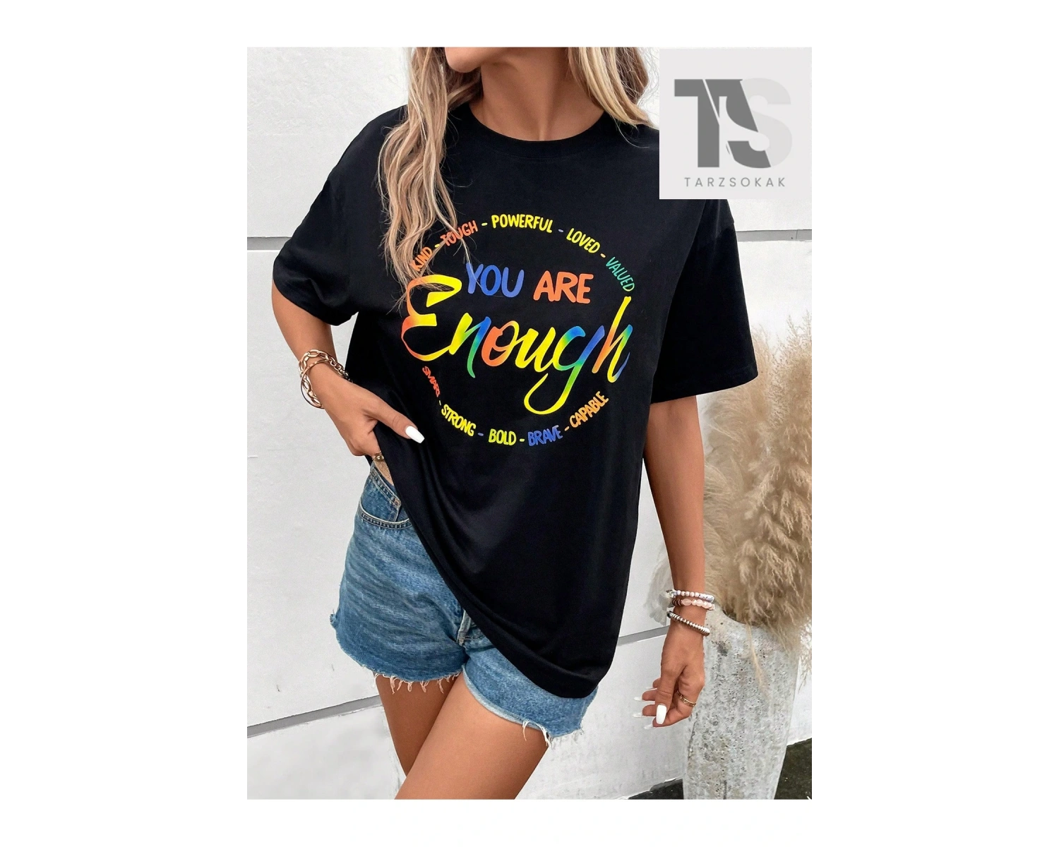 Sloganlı Grafik Düşük Omuz Tişört