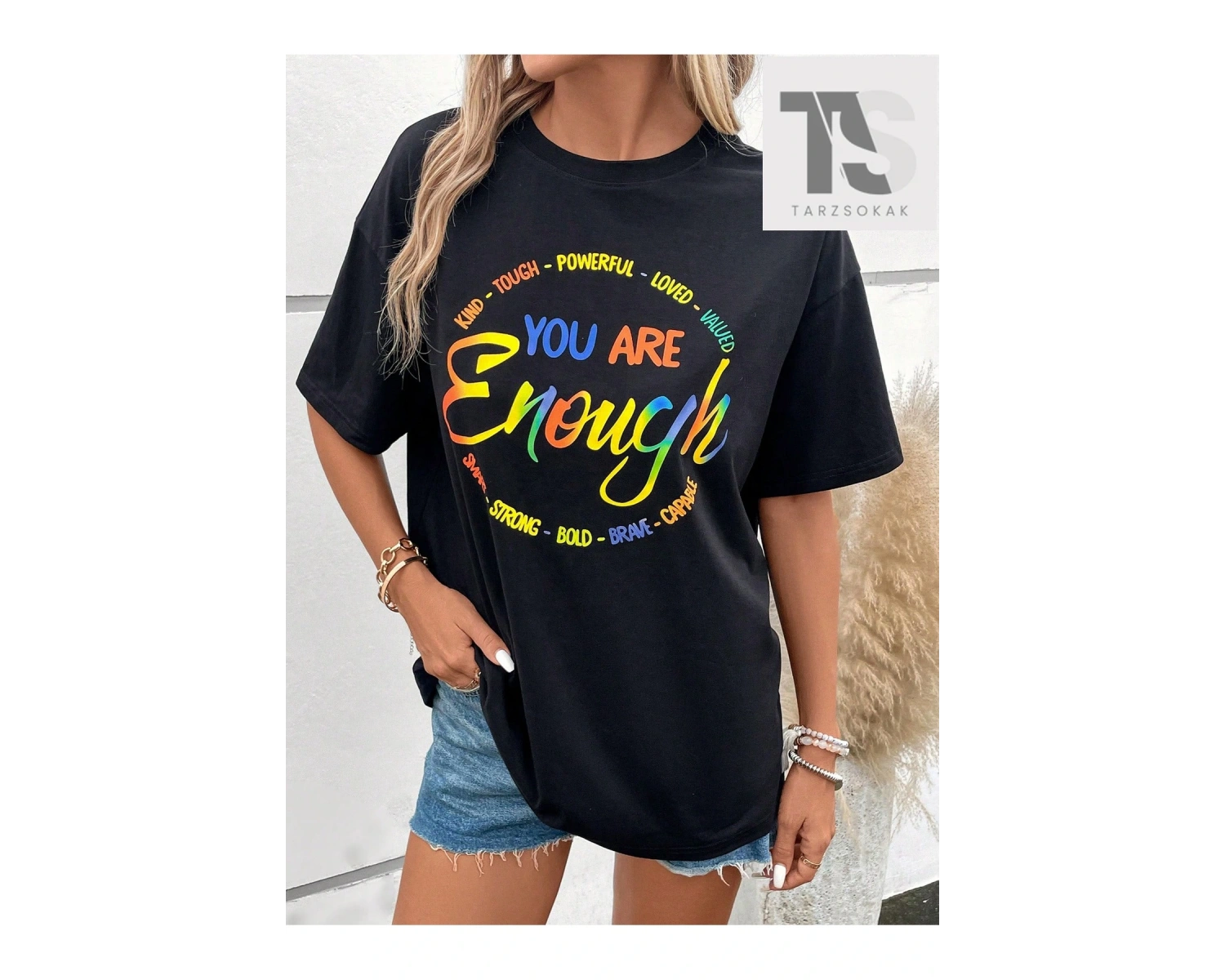 Sloganlı Grafik Düşük Omuz Tişört