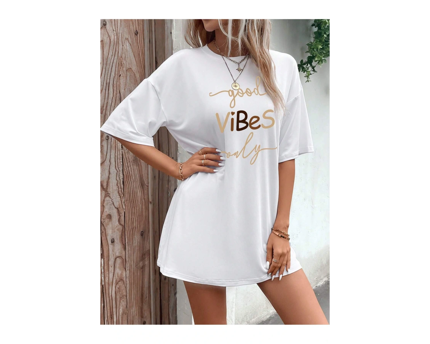 Sloganlı Grafik Düşük Omuz Tişört