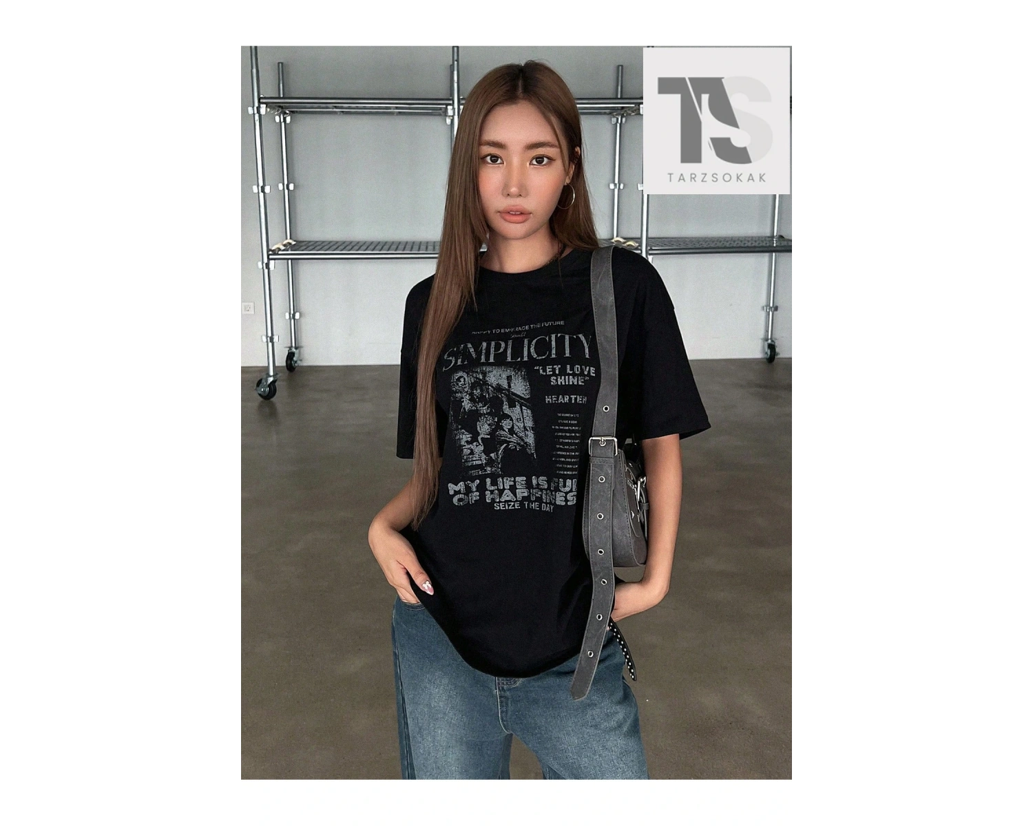 Sloganlı Grafik Düşük Omuz Tişört