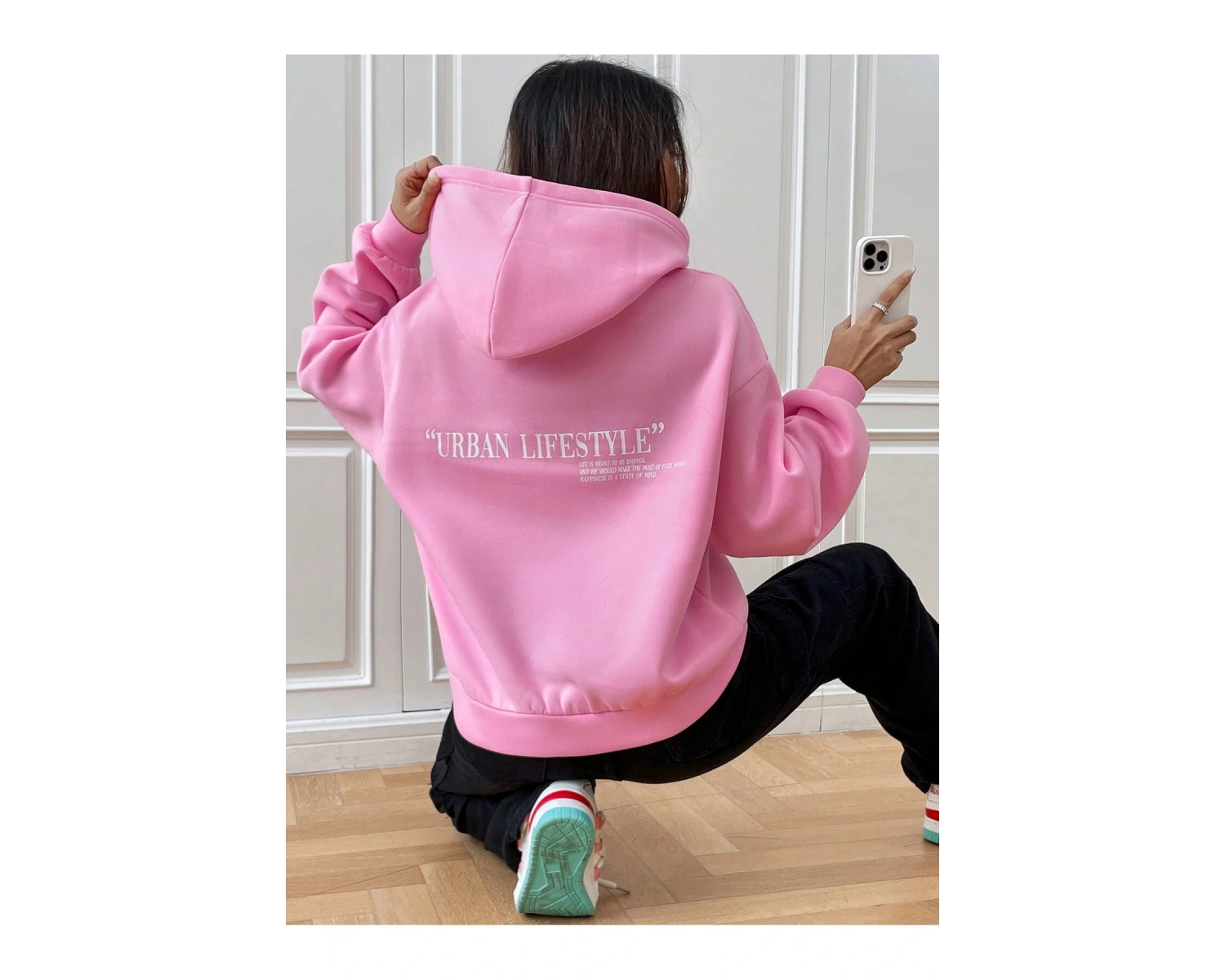 Sloganlı Grafik Düşük Omuzlu Kapüşonlu Üst Pembe