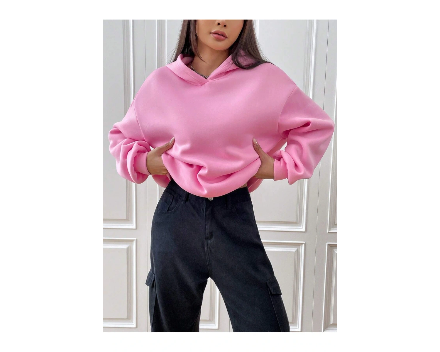 Sloganlı Grafik Düşük Omuzlu Kapüşonlu Üst Pembe