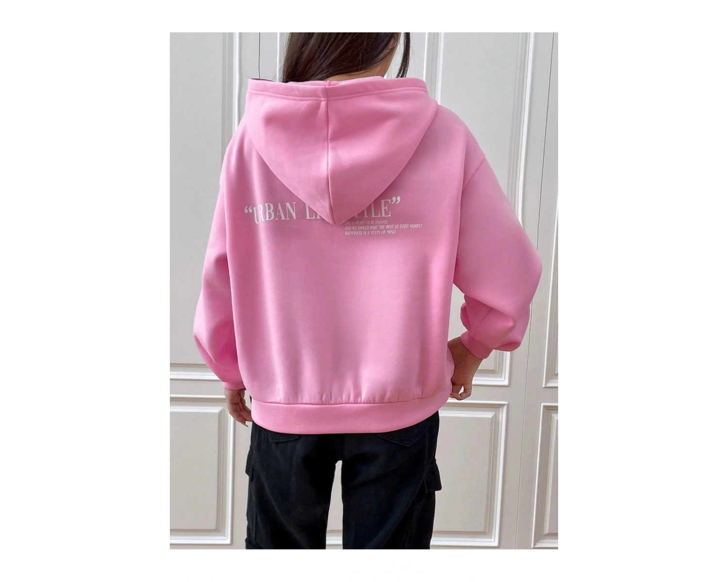 Sloganlı Grafik Düşük Omuzlu Kapüşonlu Üst Pembe