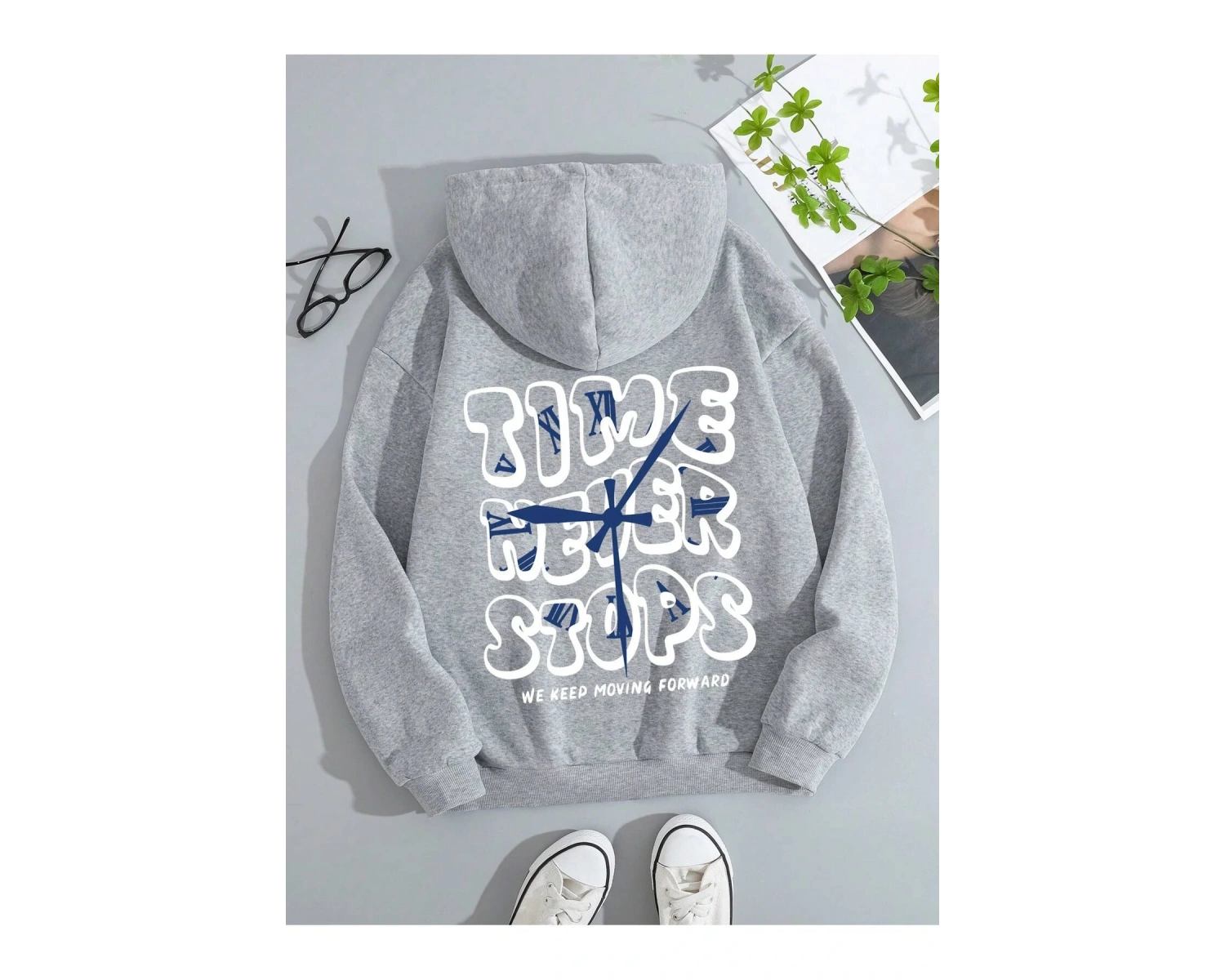 Sloganlı Grafik İpli Kapüşonlu Üst Gri