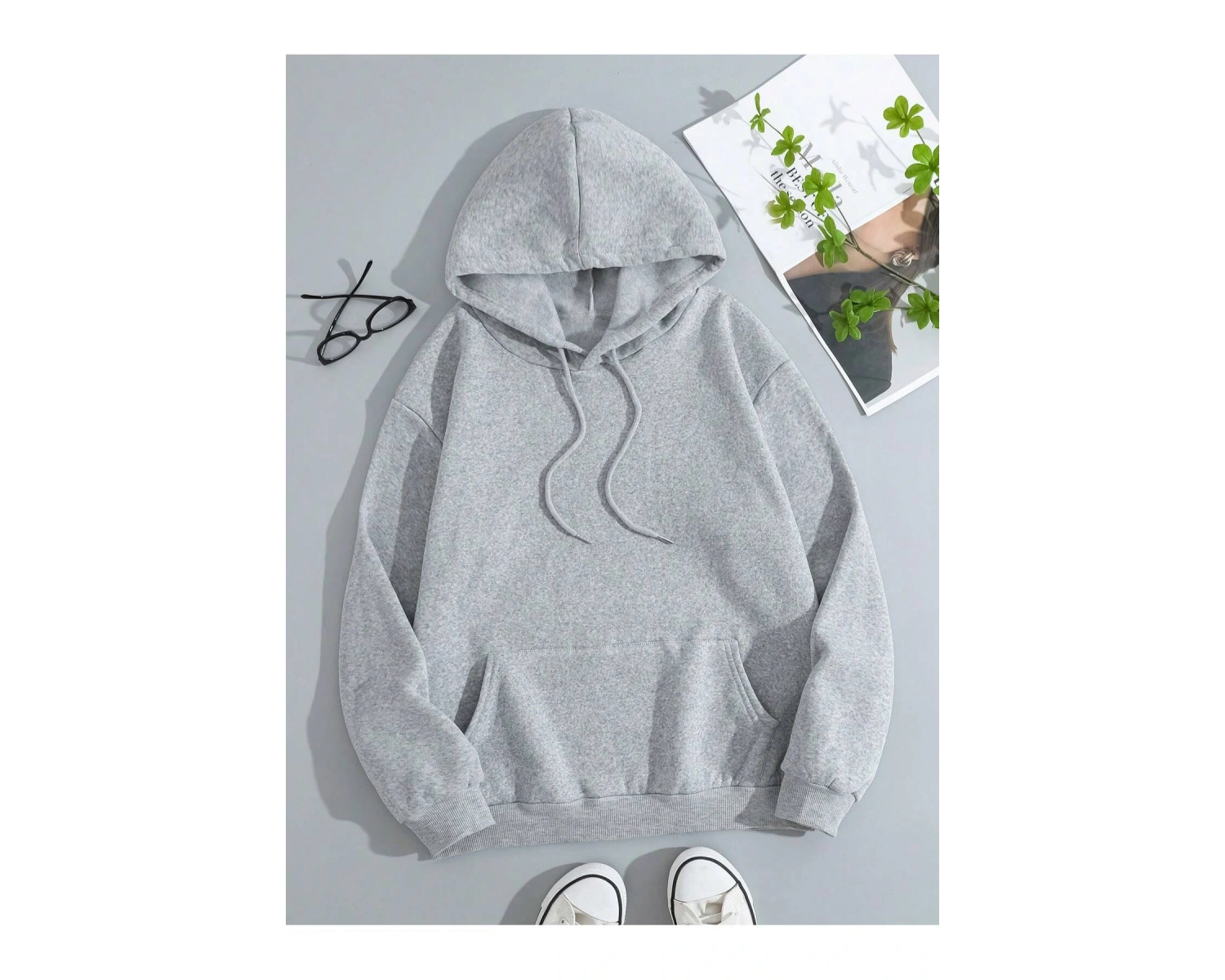 Sloganlı Grafik İpli Kapüşonlu Üst Gri