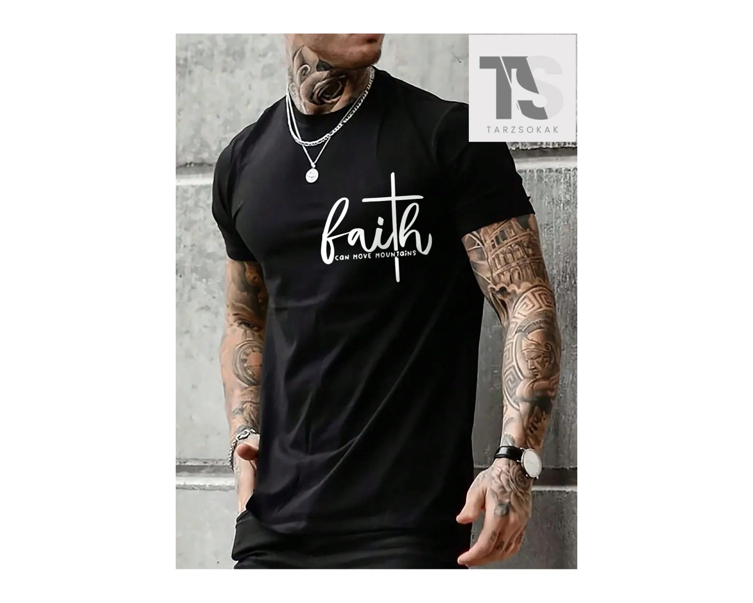 Sloganlı ve Kalpli Siyah Örme Bisiklet Yaka Kısa Kollu Erkek Tişört