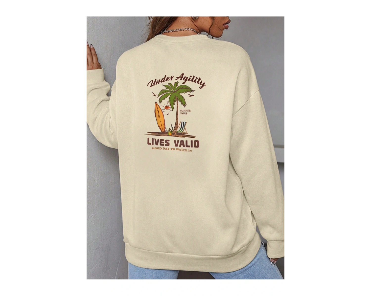 Sloganlı ve Tropikal Baskılı Düşük Sweat Bej