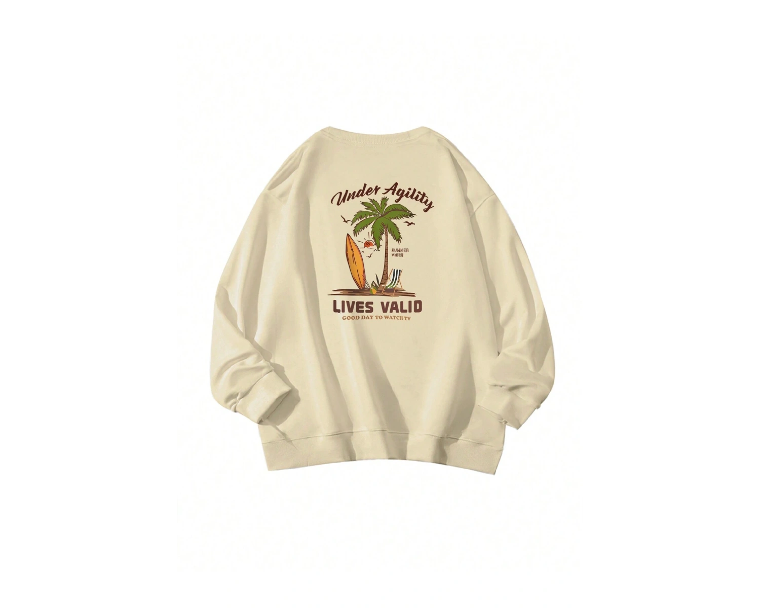 Sloganlı ve Tropikal Baskılı Düşük Sweat Bej