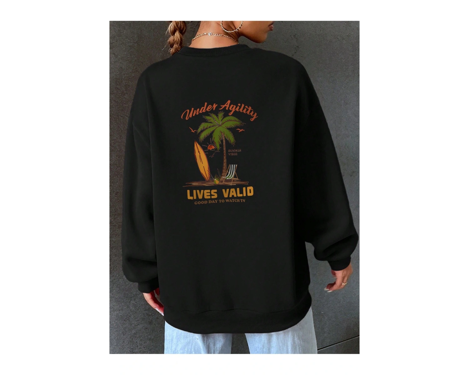 Sloganlı ve Tropikal Baskılı Düşük Sweat Gri