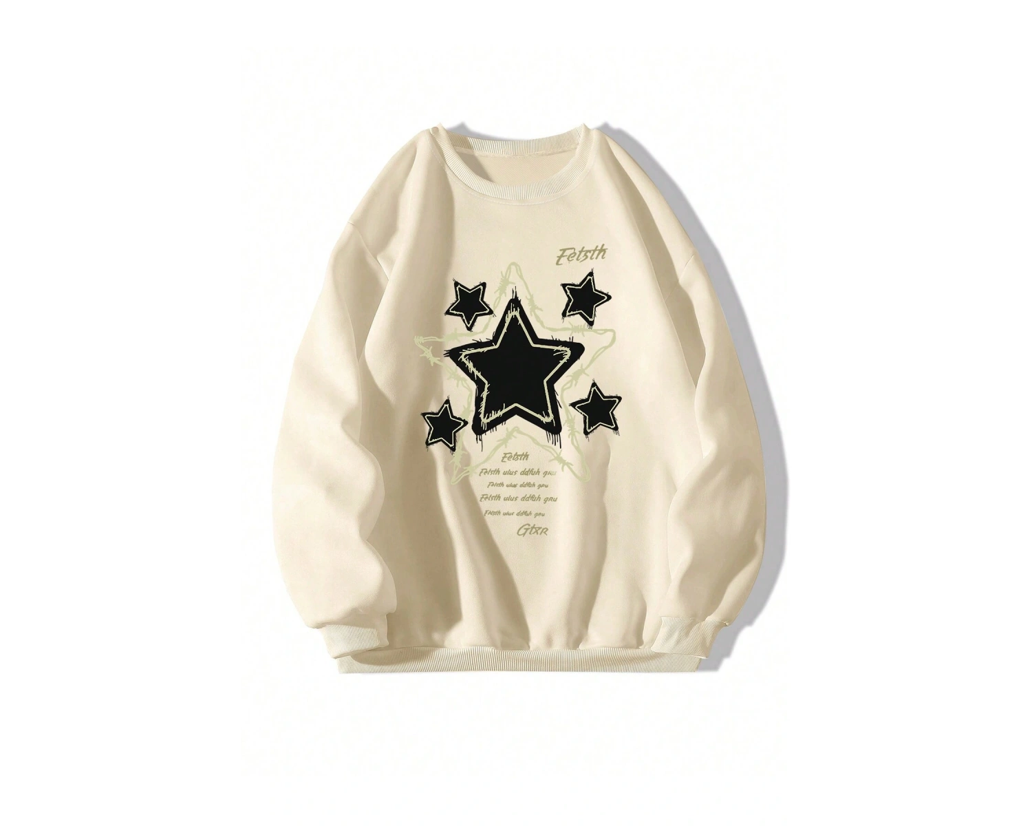 Sloganlı & Yıldız Desenli Sweat Bej