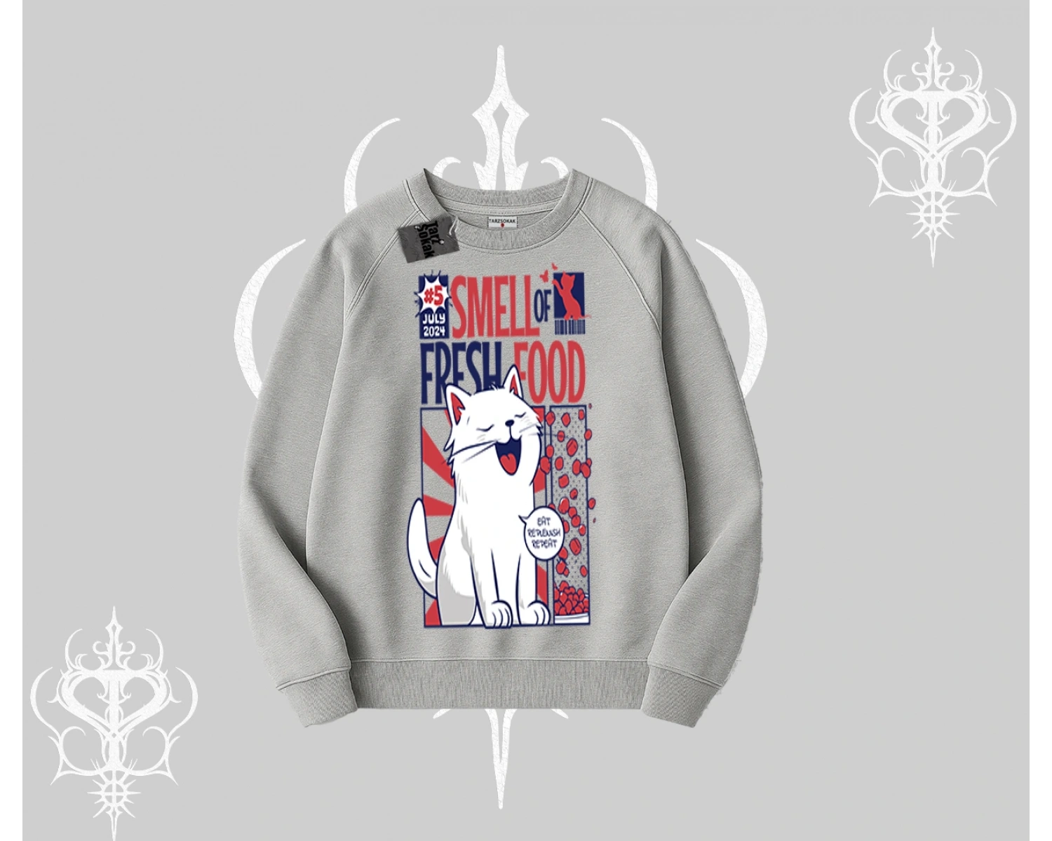 Smell of Fresh Food Kedi Baskılı Biskilet Sweatshirt