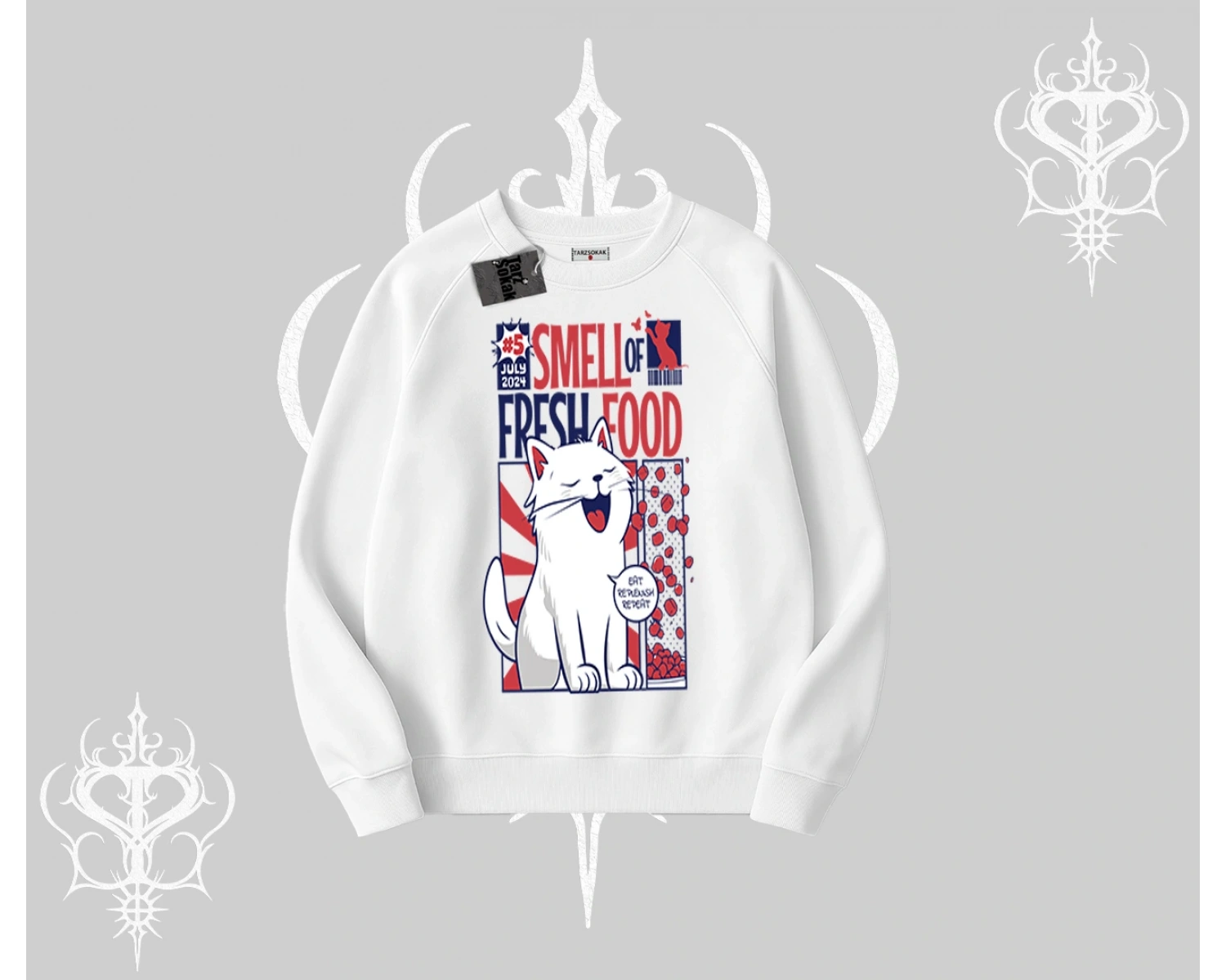 Smell of Fresh Food Kedi Baskılı Biskilet Sweatshirt