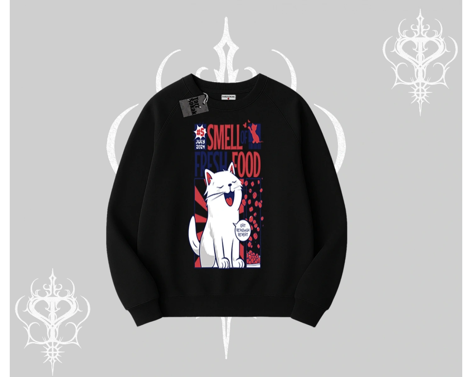 Smell of Fresh Food Kedi Baskılı Biskilet Sweatshirt