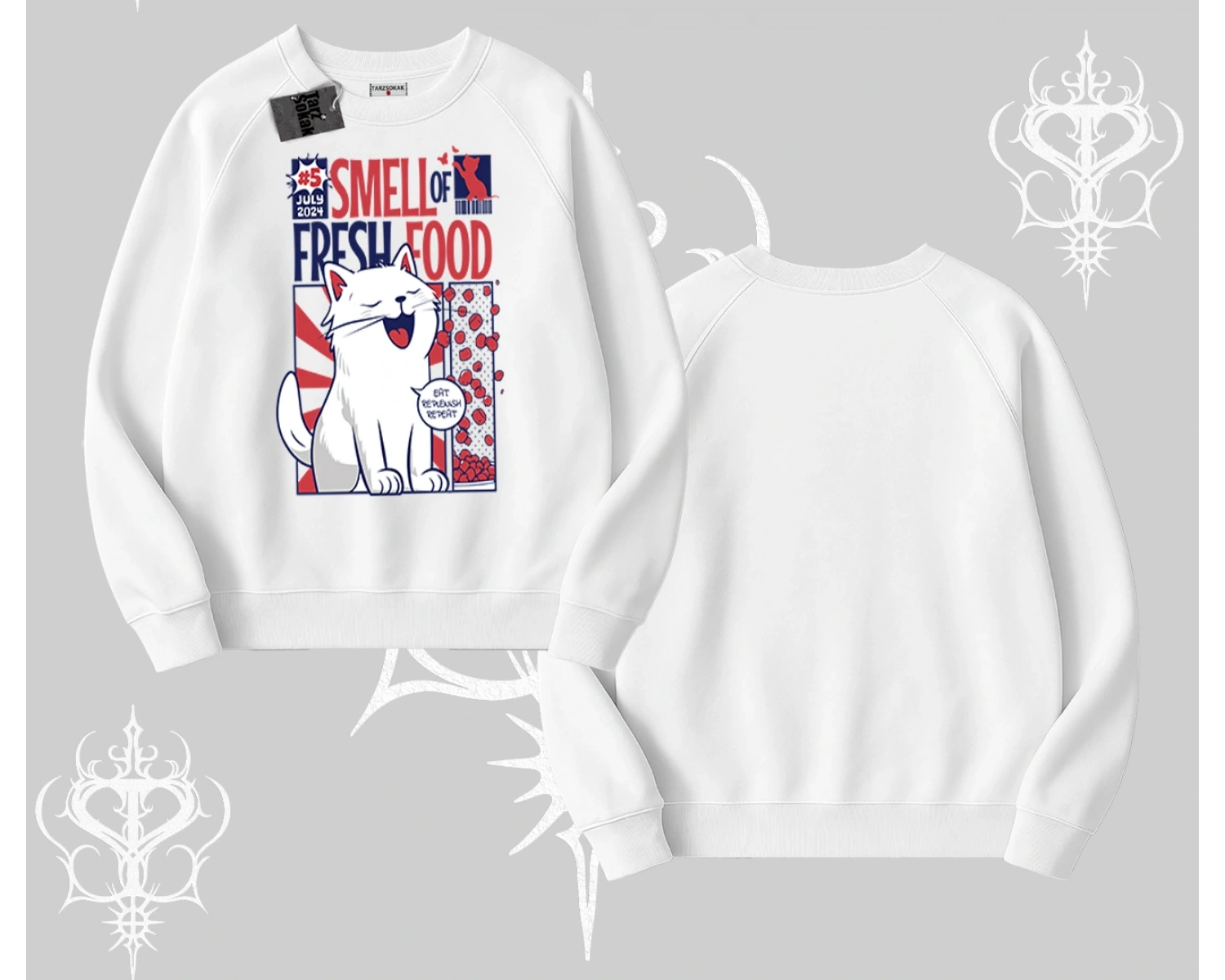 Smell of Fresh Food Kedi Baskılı Biskilet Sweatshirt