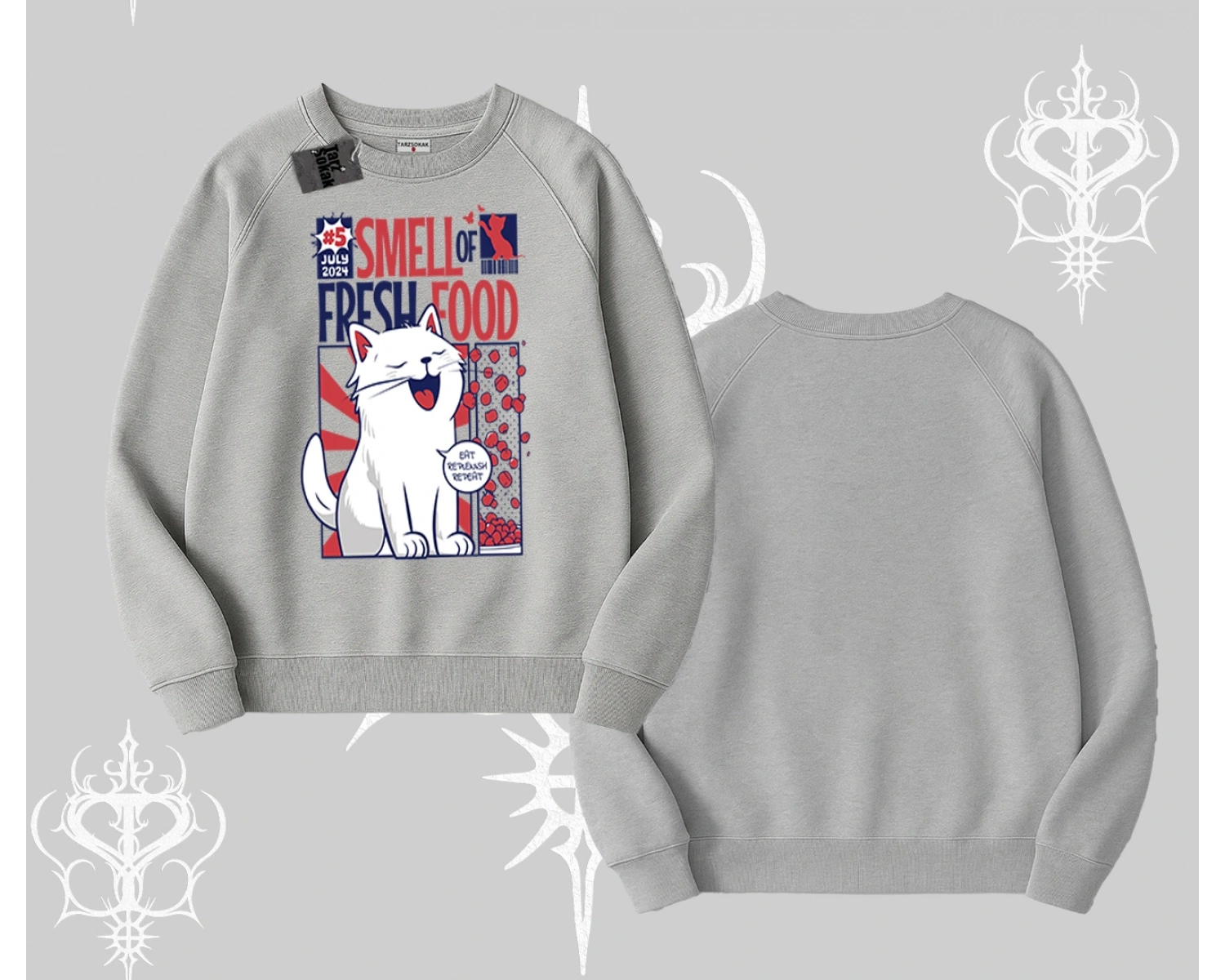 Smell of Fresh Food Kedi Baskılı Biskilet Sweatshirt