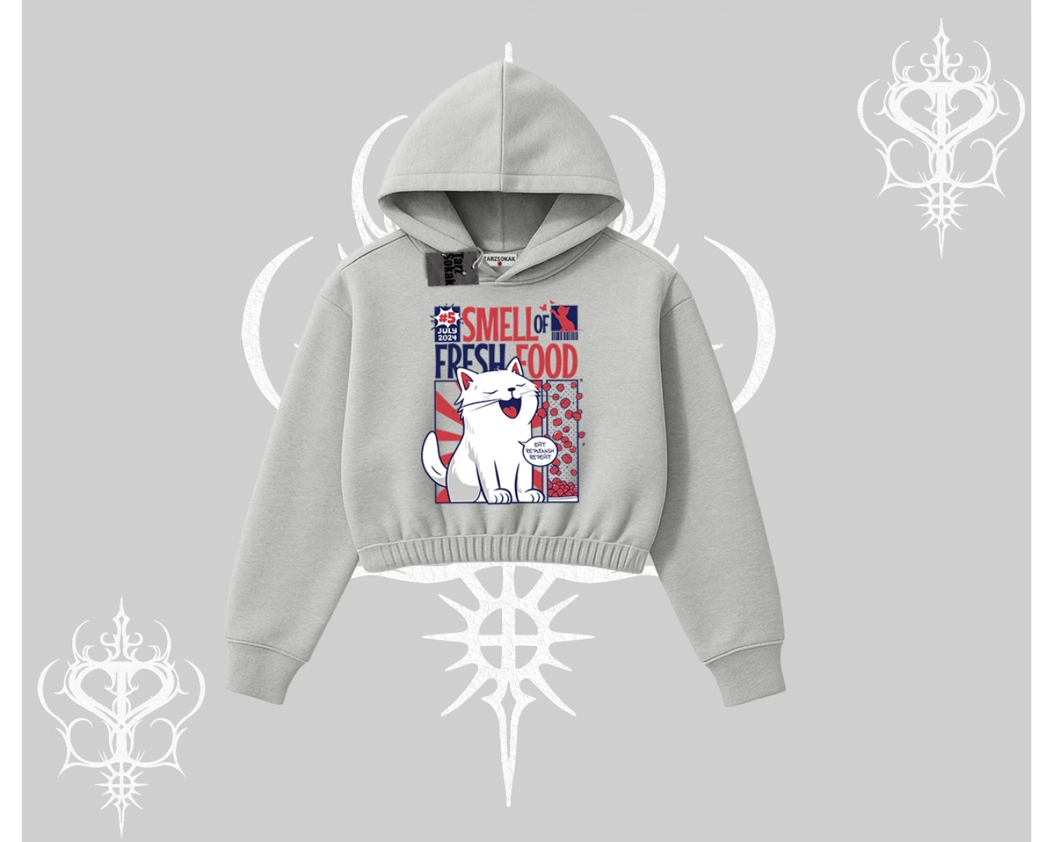 Smell of Fresh Food Kedi Baskılı Kapşonlu Crop Sweatshirt