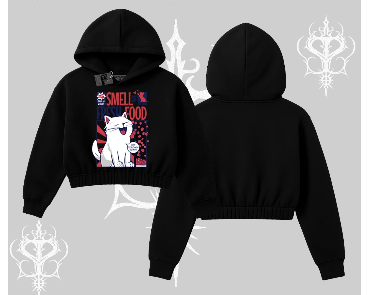 Smell of Fresh Food Kedi Baskılı Kapşonlu Crop Sweatshirt