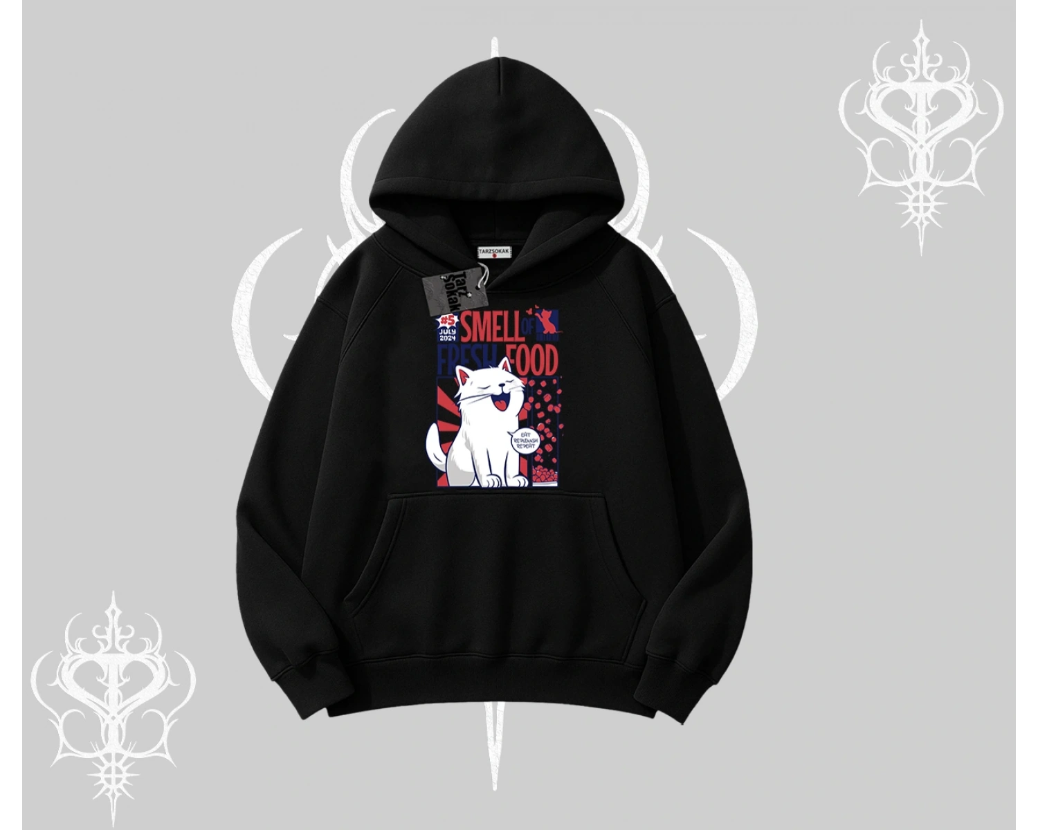 Smell of Fresh Food Kedi Baskılı Kapşonlu Sweatshirt