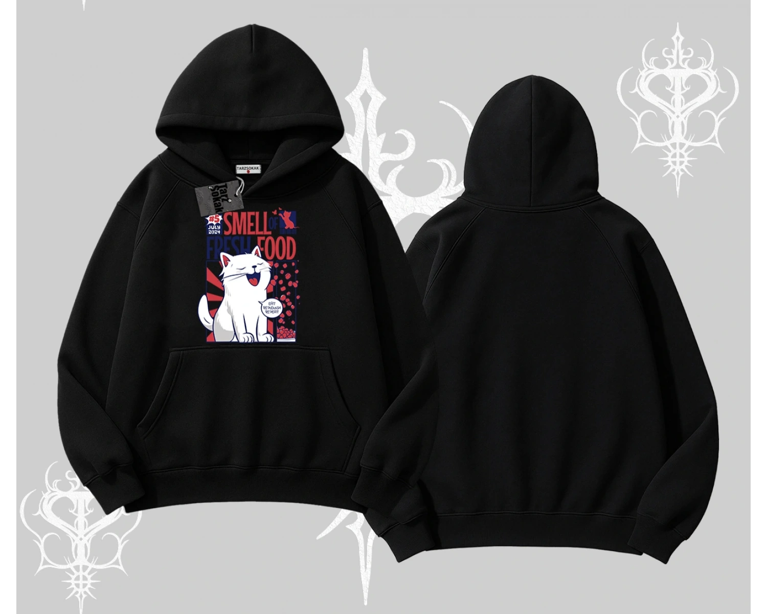 Smell of Fresh Food Kedi Baskılı Kapşonlu Sweatshirt