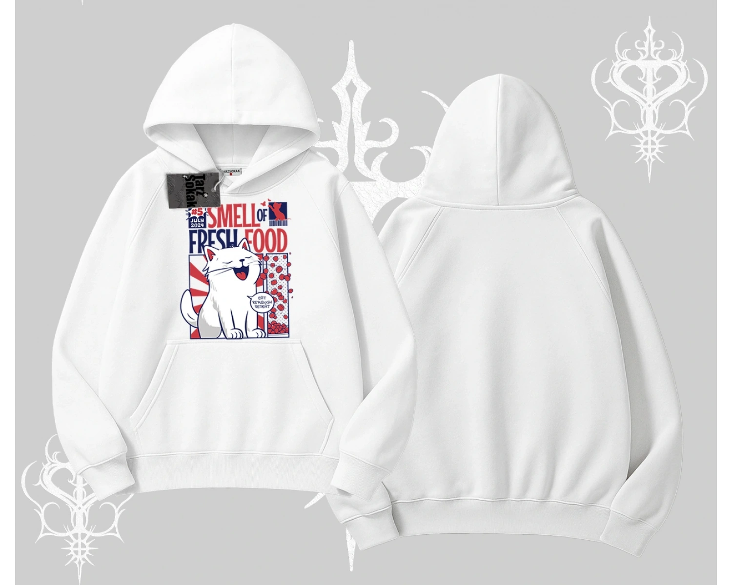 Smell of Fresh Food Kedi Baskılı Kapşonlu Sweatshirt