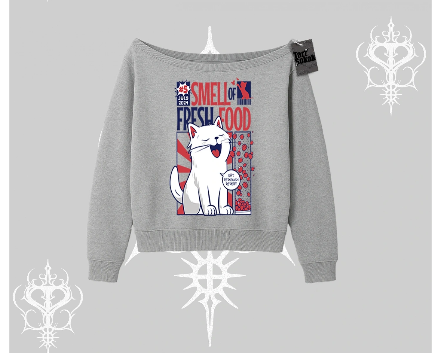 Smell of Fresh Food Kedi Baskılı Kayık Yaka Sweatshirt