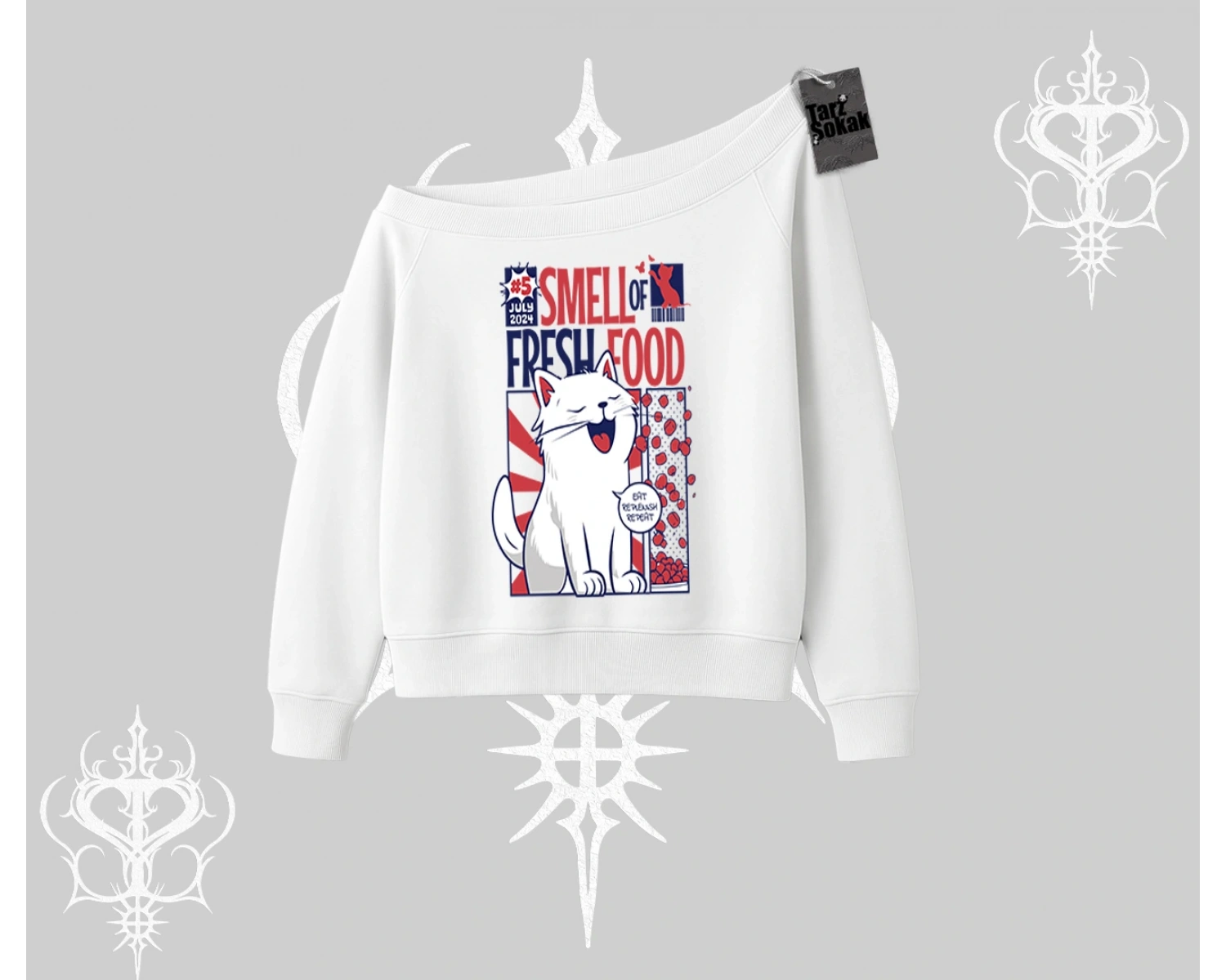 Smell of Fresh Food Kedi Baskılı Kayık Yaka Sweatshirt