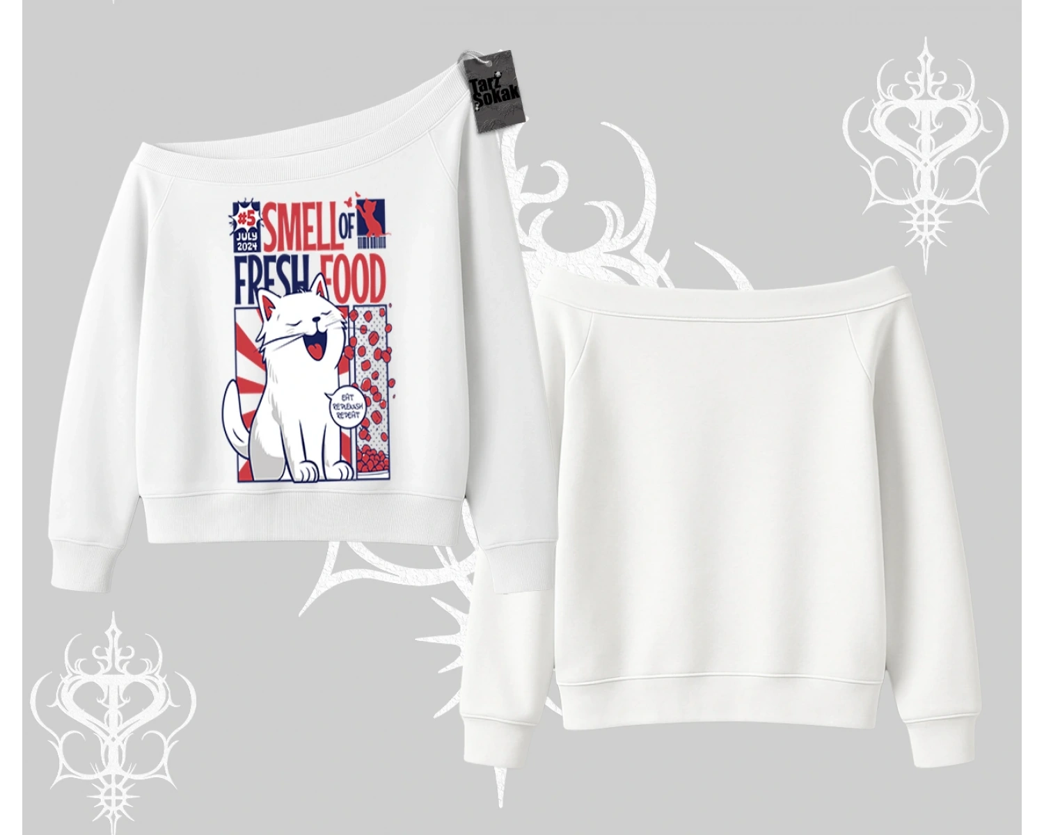 Smell of Fresh Food Kedi Baskılı Kayık Yaka Sweatshirt