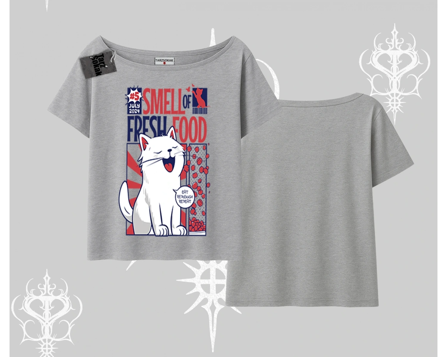 Smell of Fresh Food Kedi Baskılı Kayık Yaka Tshirt