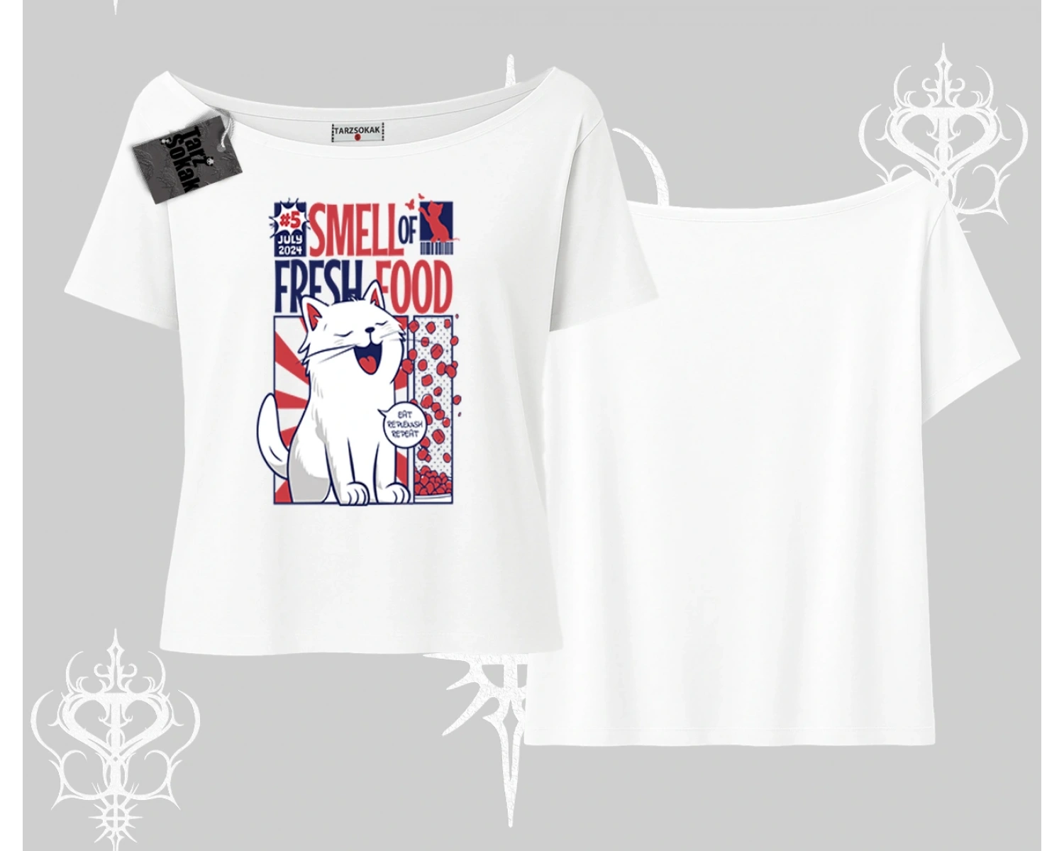 Smell of Fresh Food Kedi Baskılı Kayık Yaka Tshirt