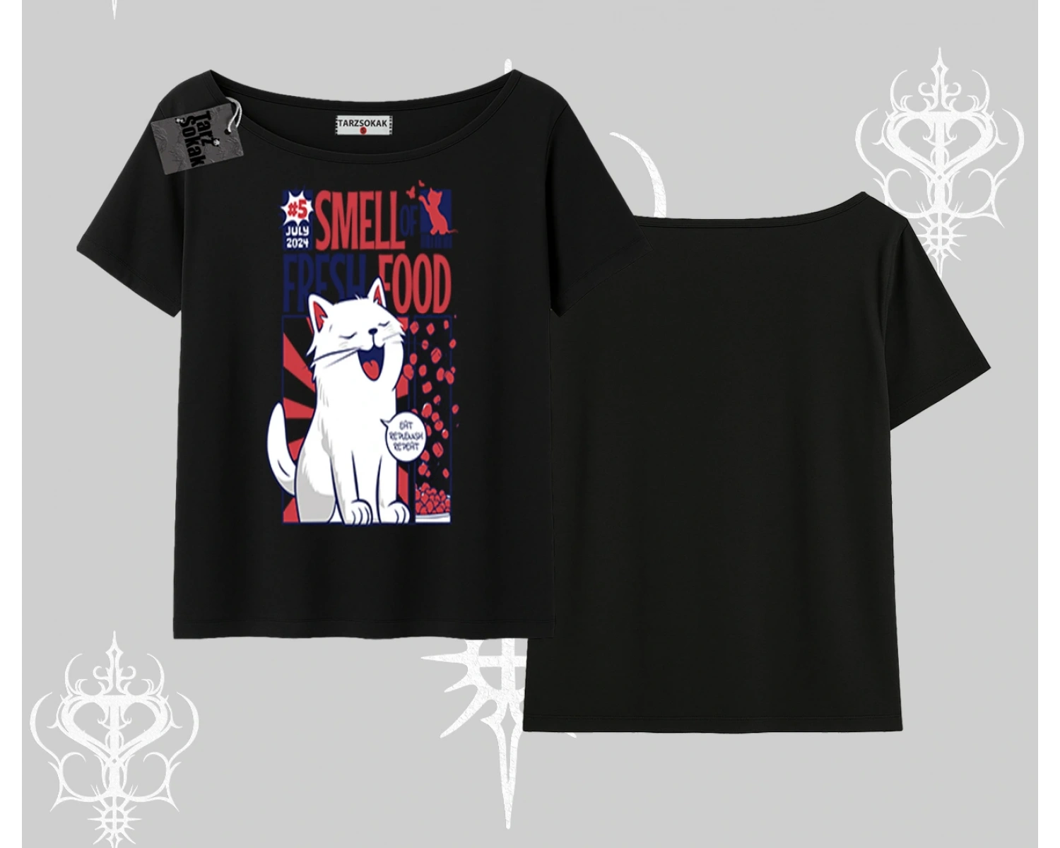 Smell of Fresh Food Kedi Baskılı Kayık Yaka Tshirt