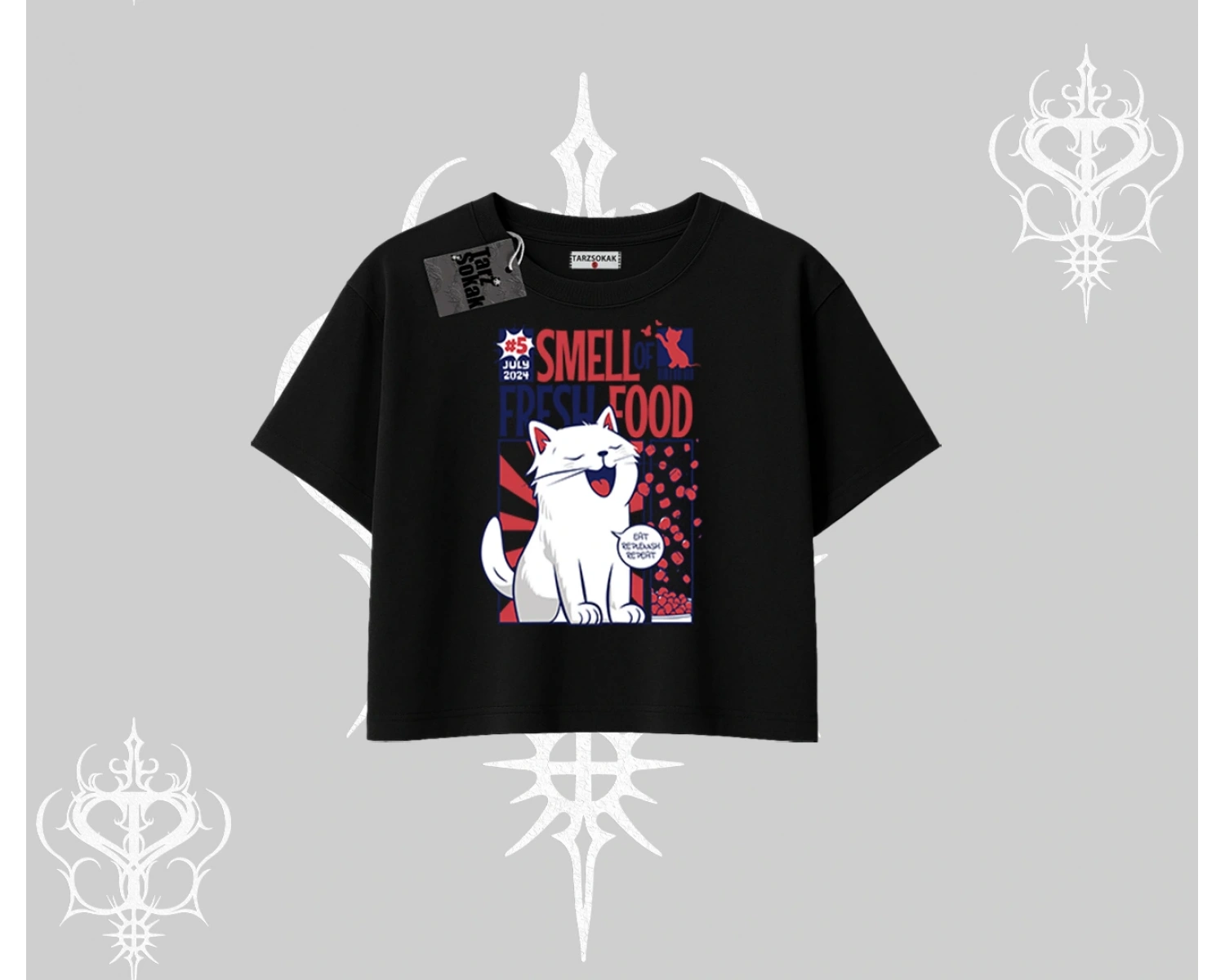 Smell of Fresh Food Kedi Baskılı Oversize Crop Tshirt