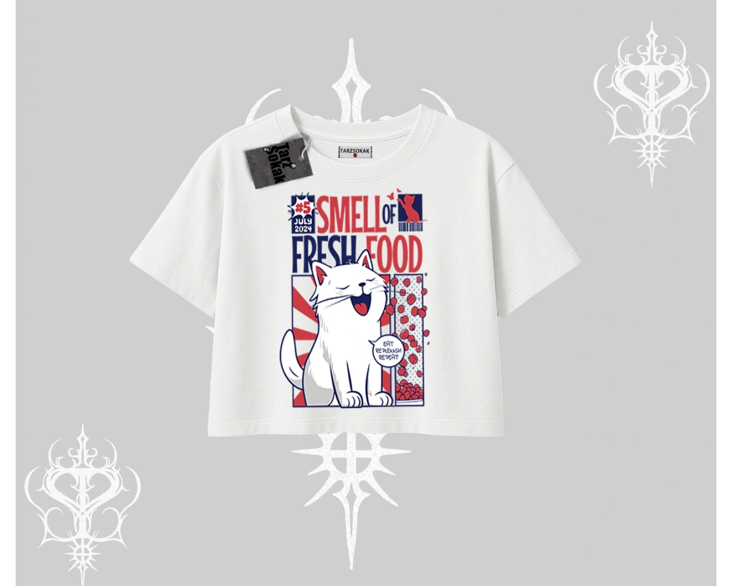 Smell of Fresh Food Kedi Baskılı Oversize Crop Tshirt