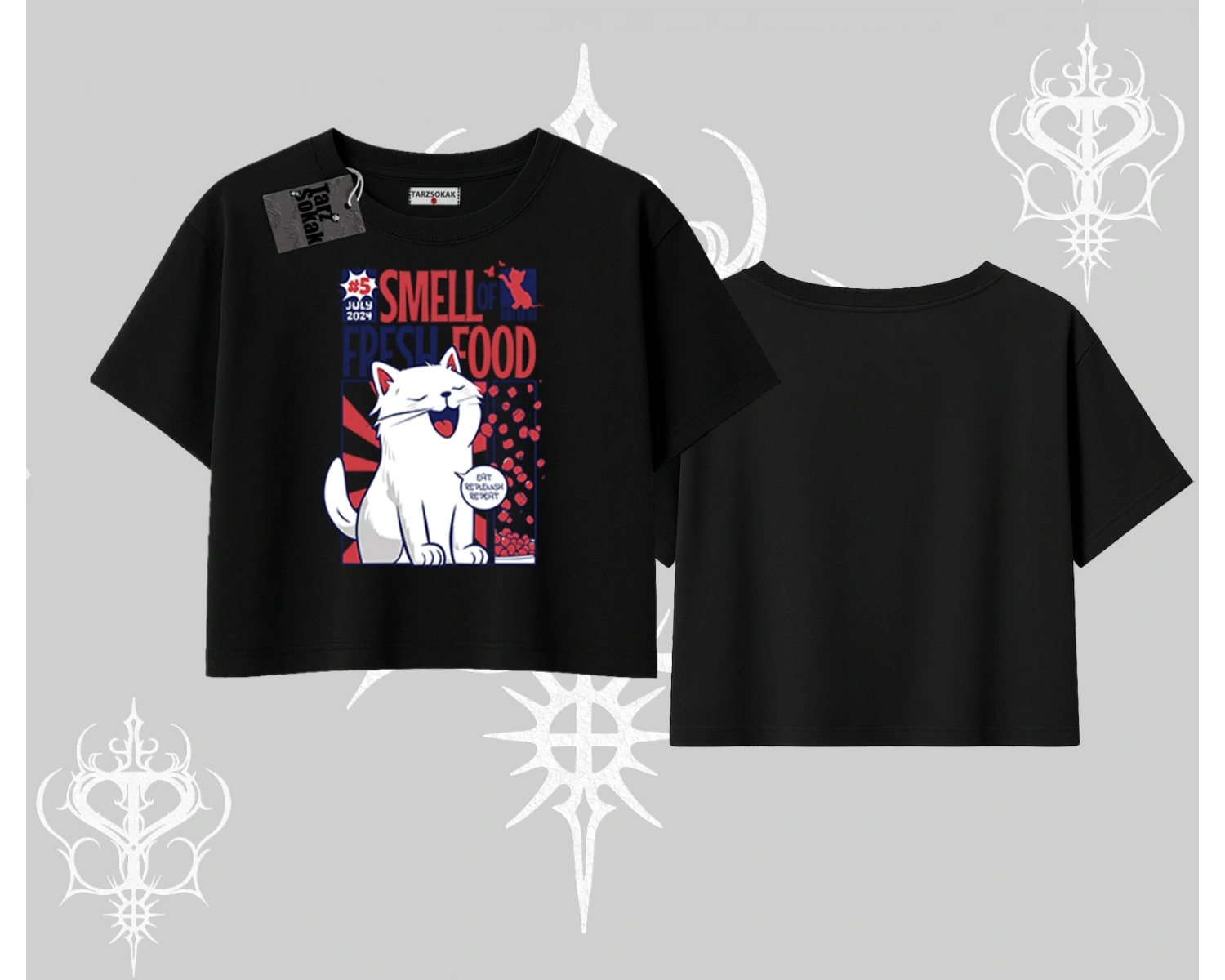 Smell of Fresh Food Kedi Baskılı Oversize Crop Tshirt