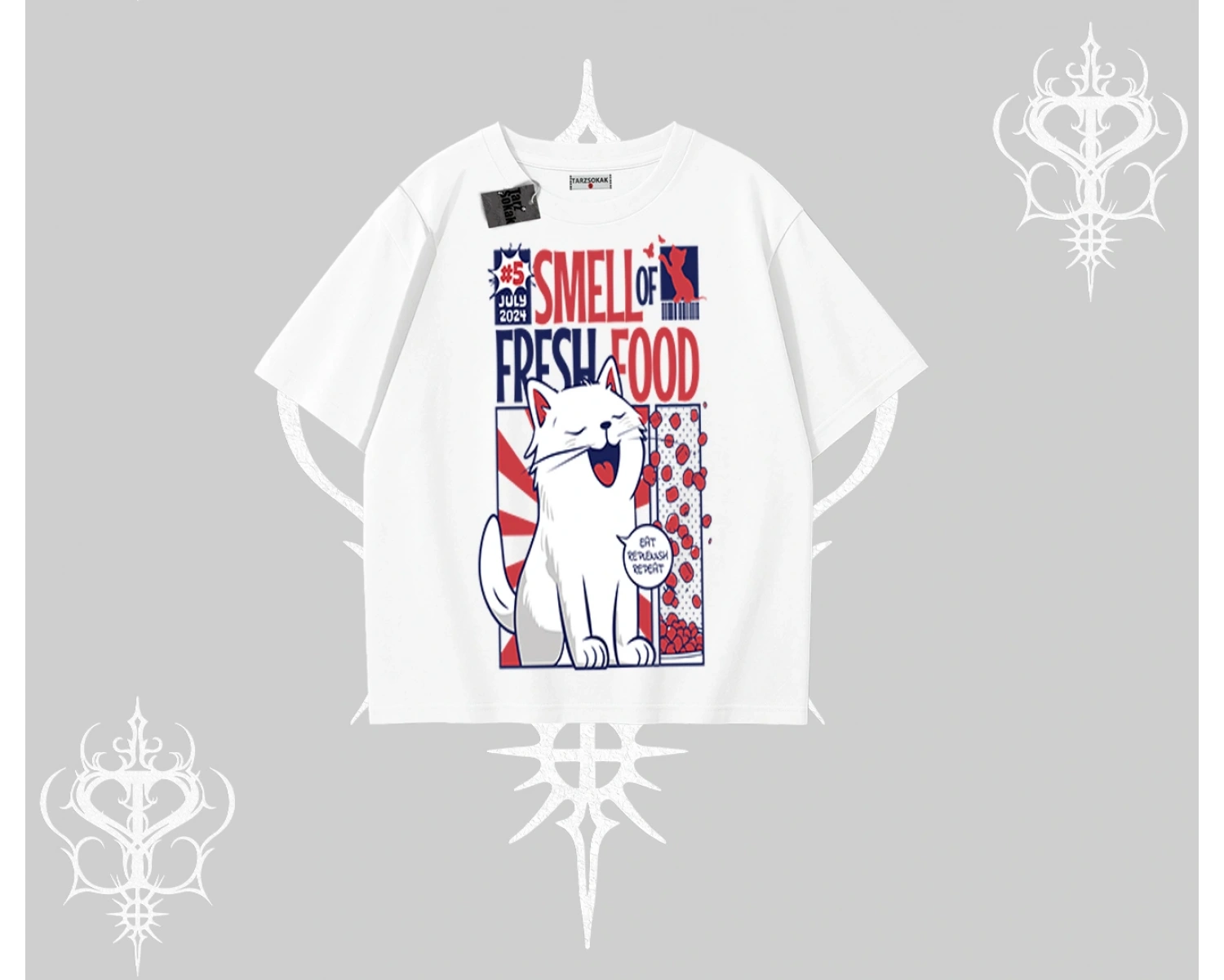 Smell of Fresh Food Kedi Baskılı Oversize Tshirt