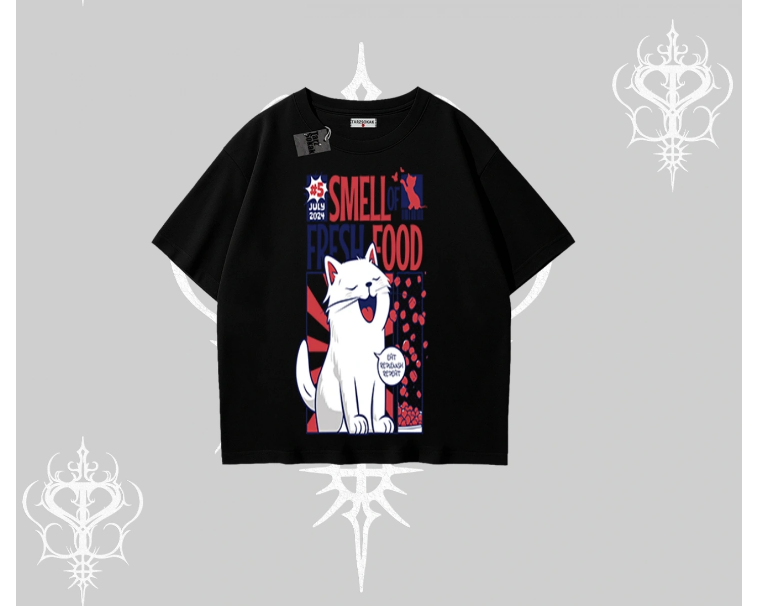 Smell of Fresh Food Kedi Baskılı Oversize Tshirt