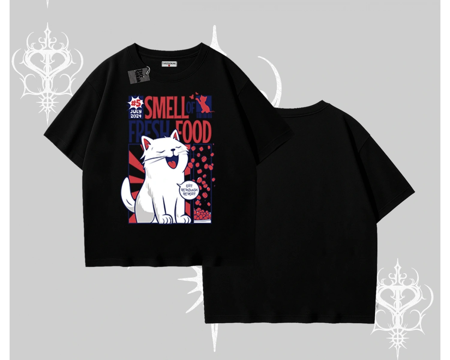 Smell of Fresh Food Kedi Baskılı Oversize Tshirt