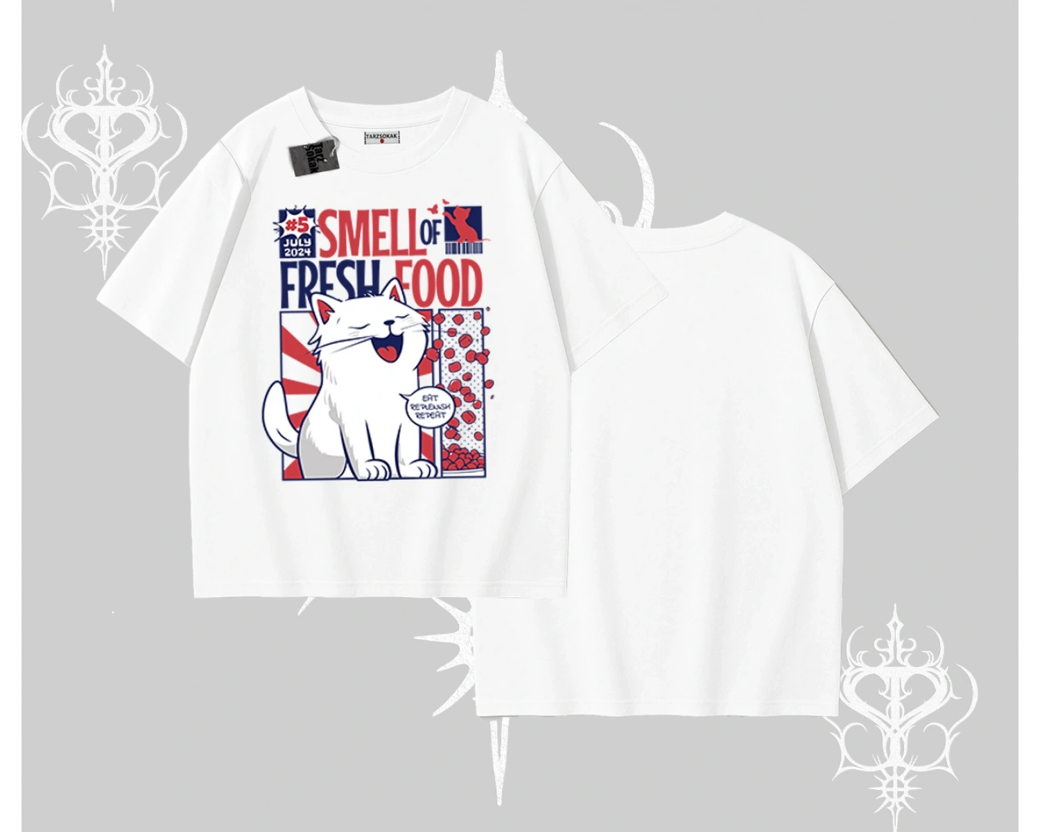 Smell of Fresh Food Kedi Baskılı Oversize Tshirt