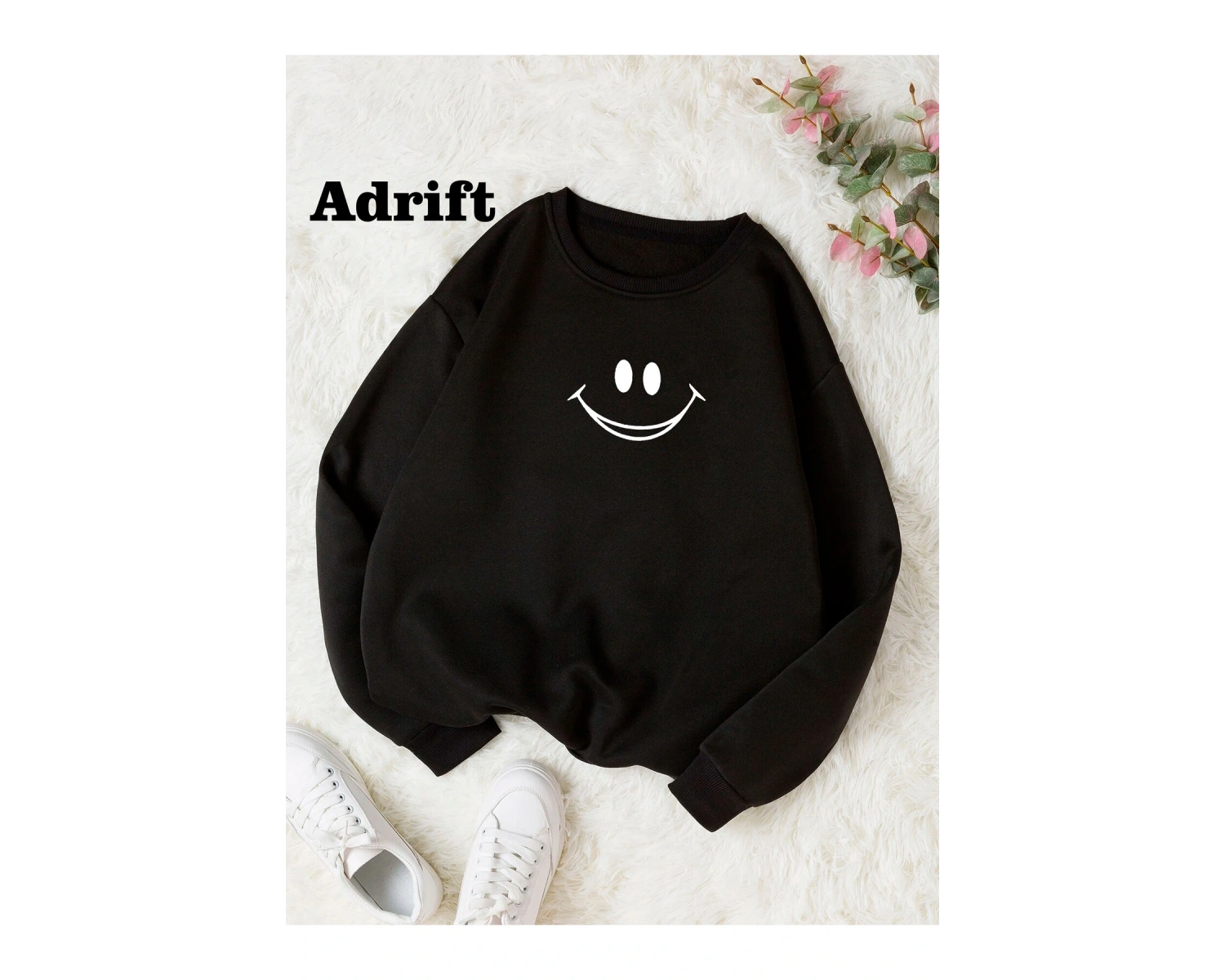 Smile Renkli Oversize Bisiklet Yaka Pamuklu Sweatshirt Siyah