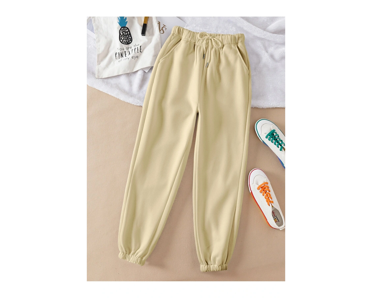 Solid Drawstring Waist 4 Mevsim Eşofman