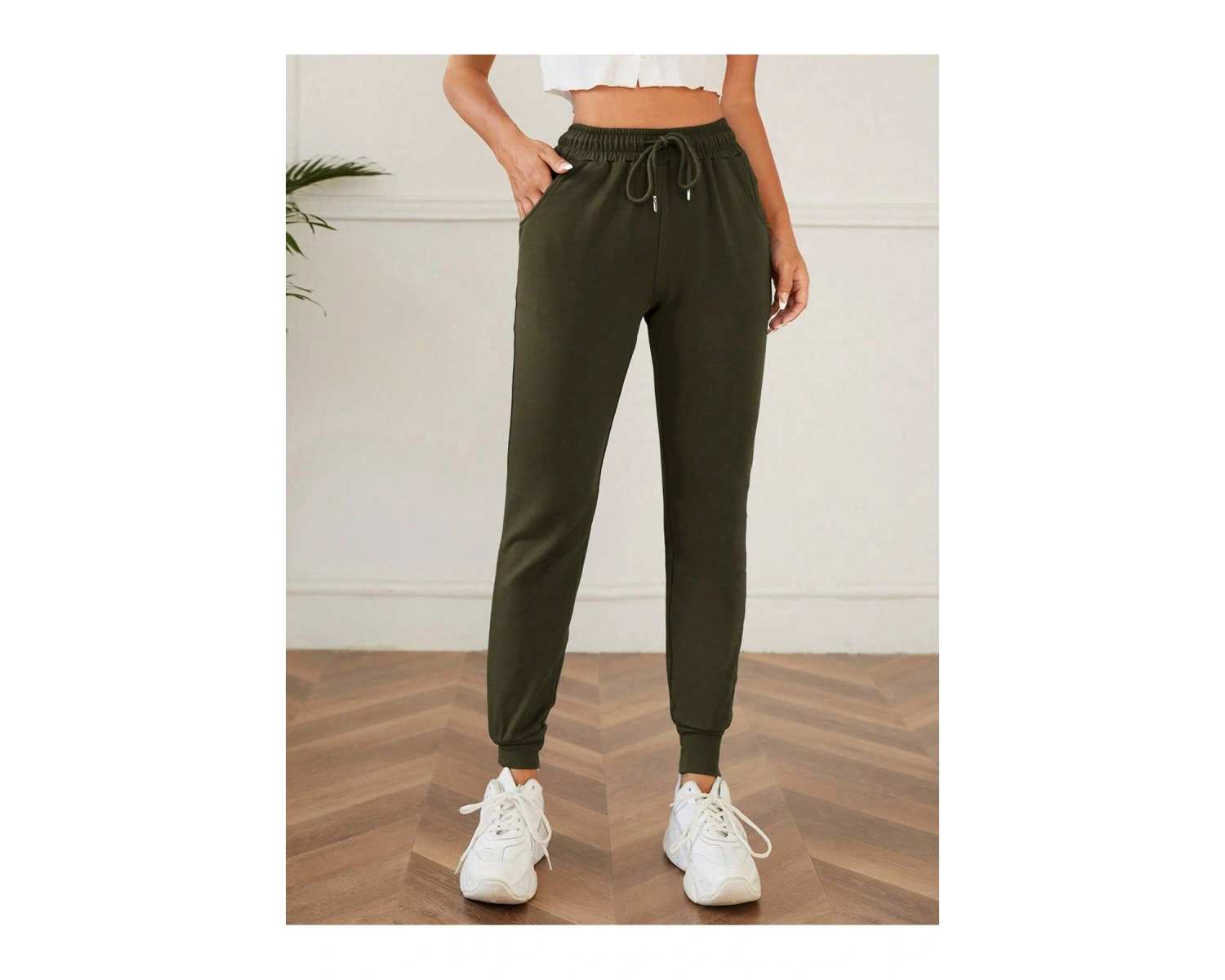 Solid Drawstring Waist Slant Pocket 4 Mevsim Eşofman