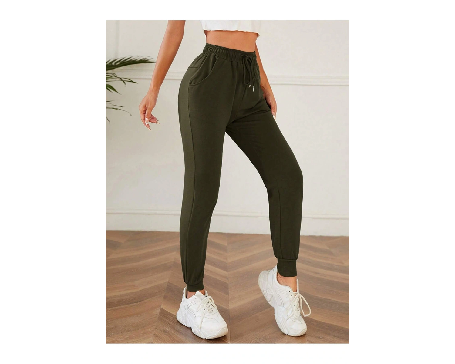 Solid Drawstring Waist Slant Pocket 4 Mevsim Eşofman