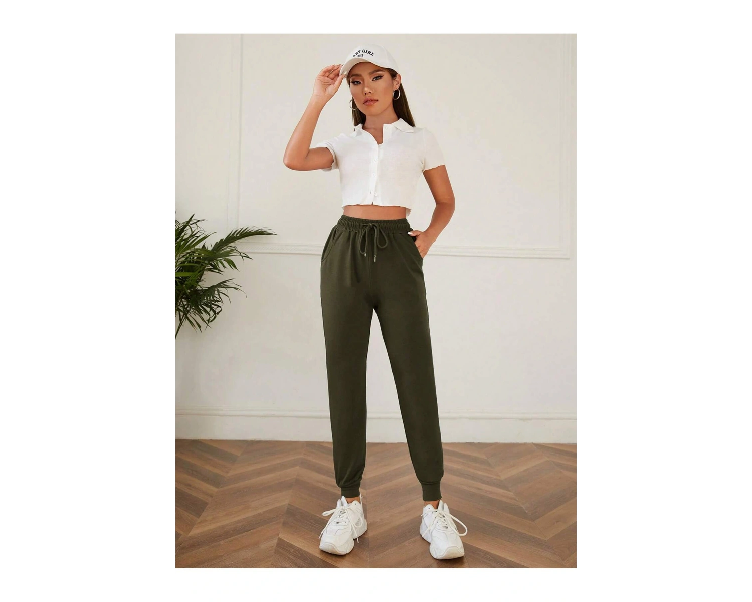 Solid Drawstring Waist Slant Pocket 4 Mevsim Eşofman