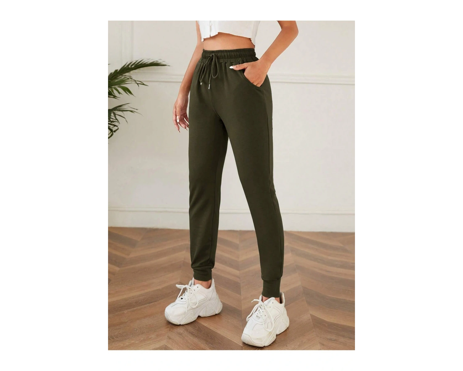 Solid Drawstring Waist Slant Pocket 4 Mevsim Eşofman