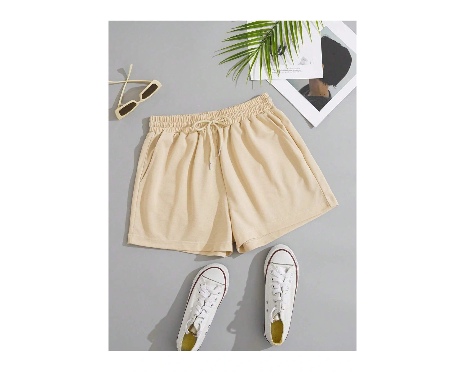 Solid Drawstring Waist Slant Pocket Şort