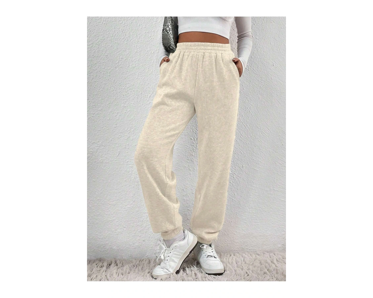 Solid Slant Pocket Elastic Waist 4 Mevsim Eşofman