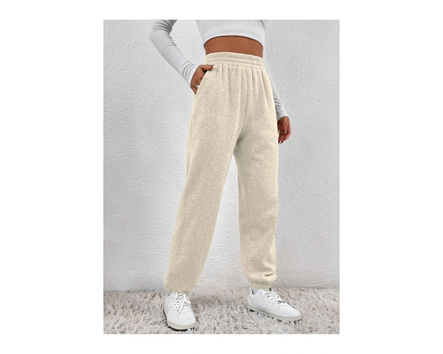 Solid Slant Pocket Elastic Waist 4 Mevsim Eşofman