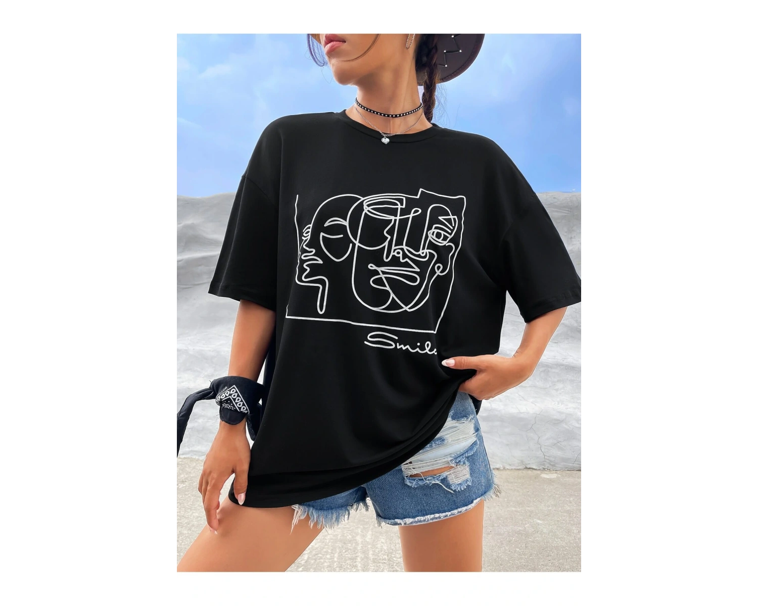 Soyut Figür Grafik Damla Omuz Tişört