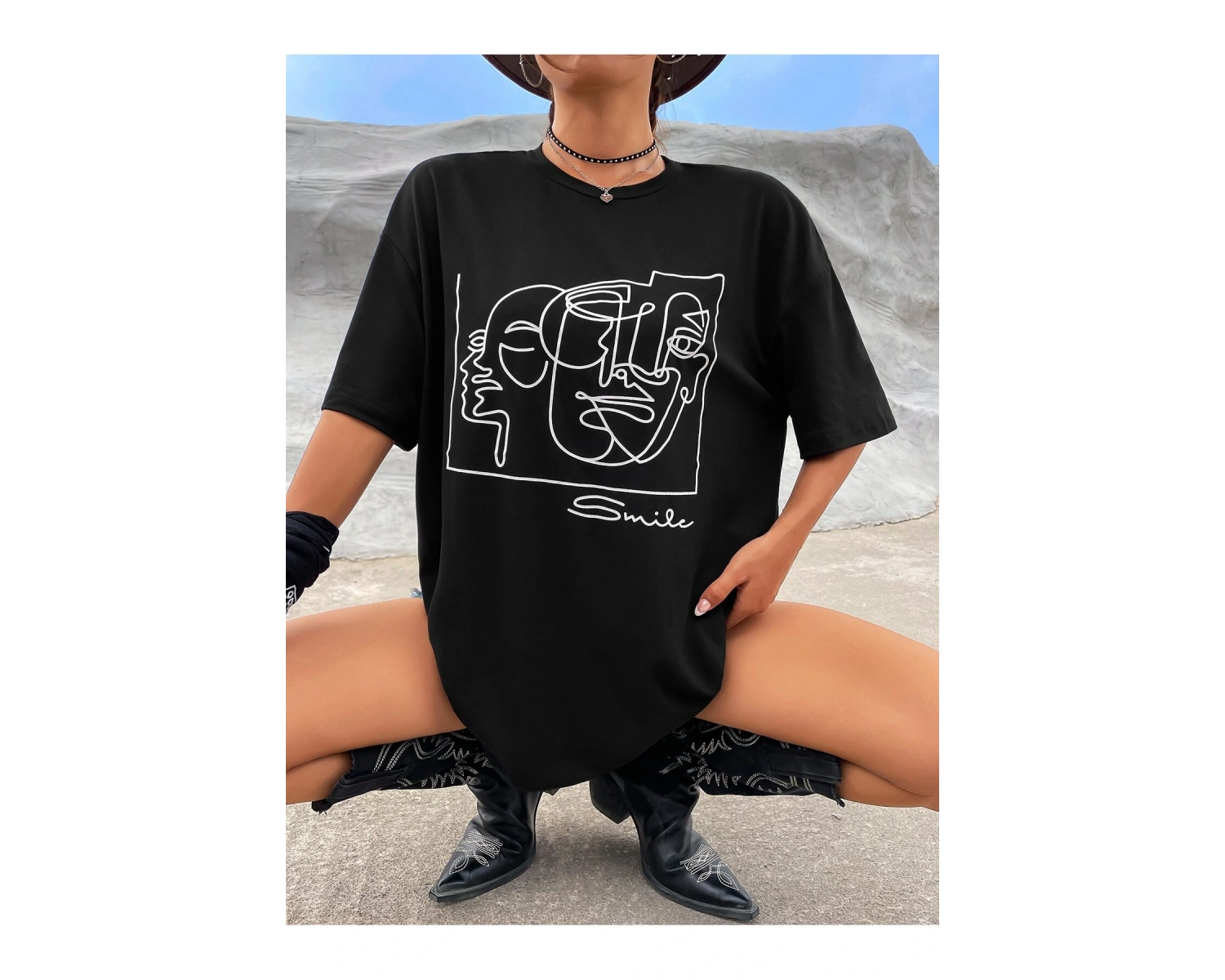 Soyut Figür Grafik Damla Omuz Tişört