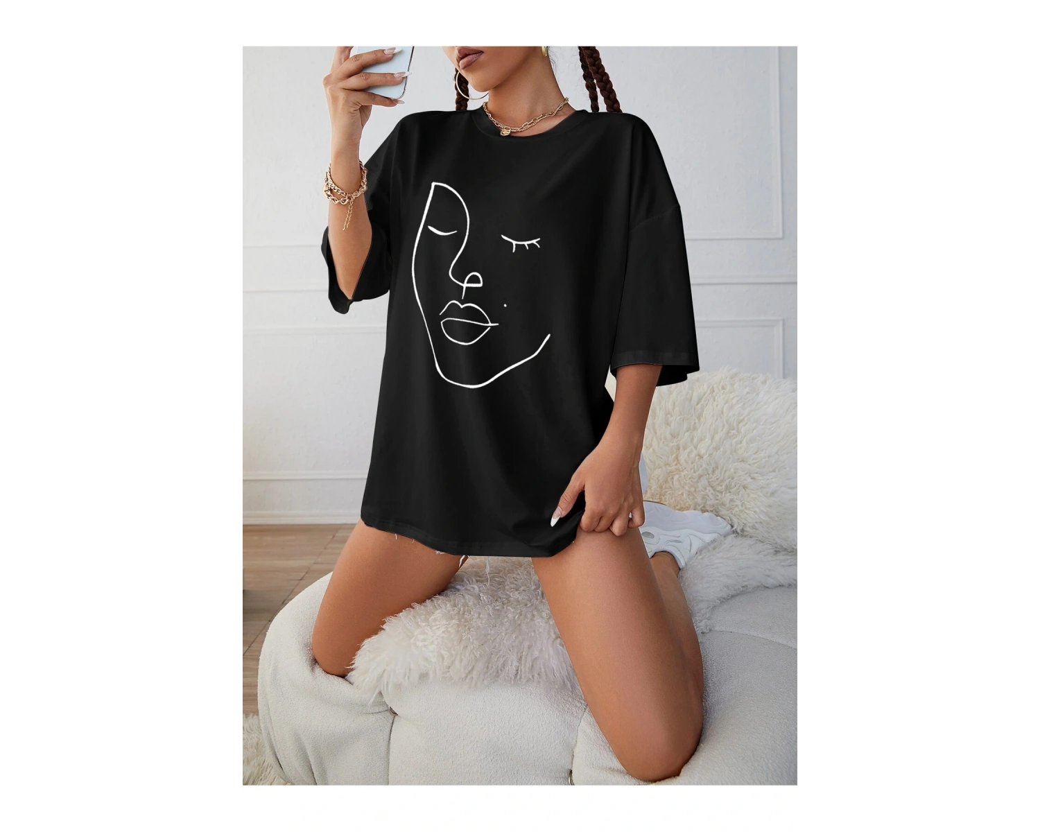 Soyut Şekil Grafik Düşük Omuz Büyük Boy Tişört